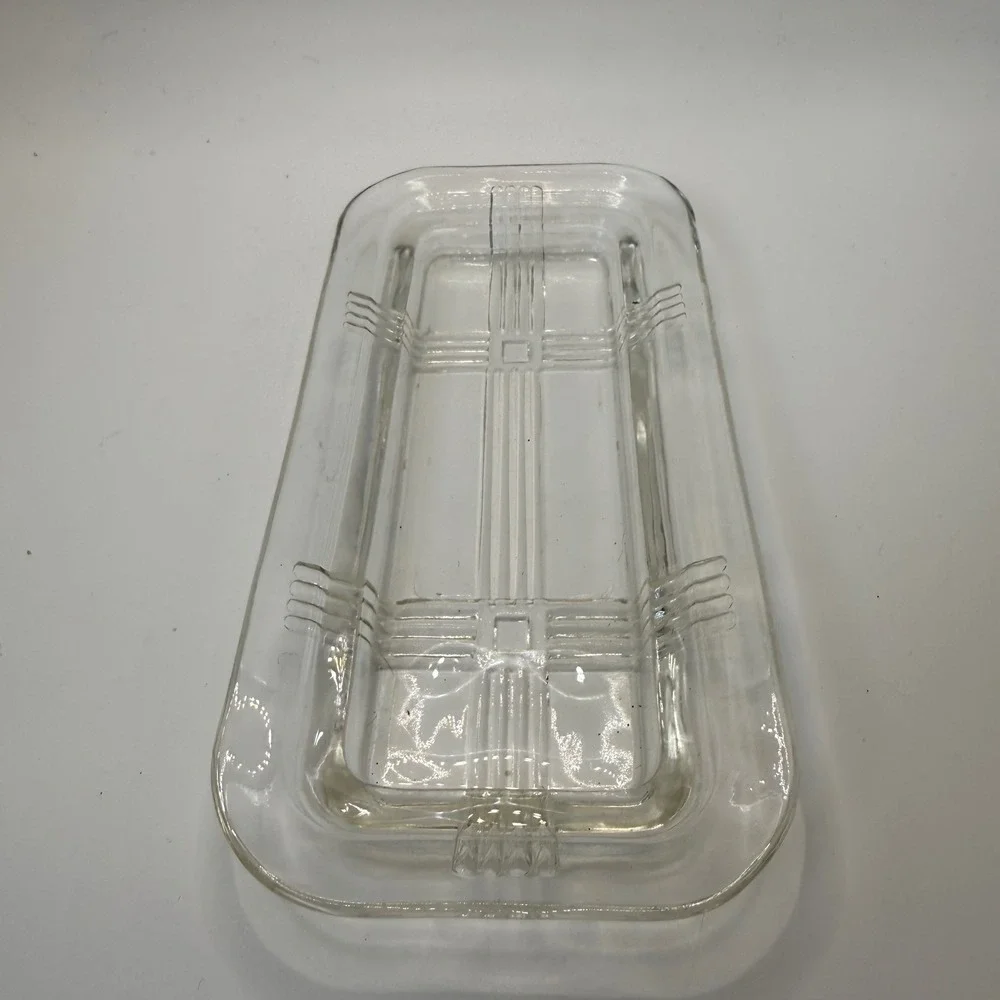 Vintage Clear Glass Butter Dish Tray Plaid Geometric Pressed Pattern